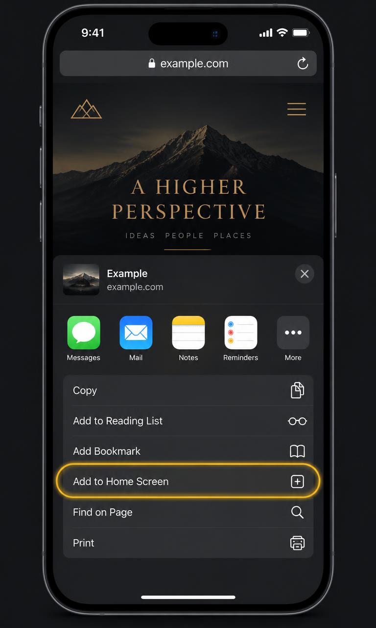 Safari share menu with Add to Home Screen circled
